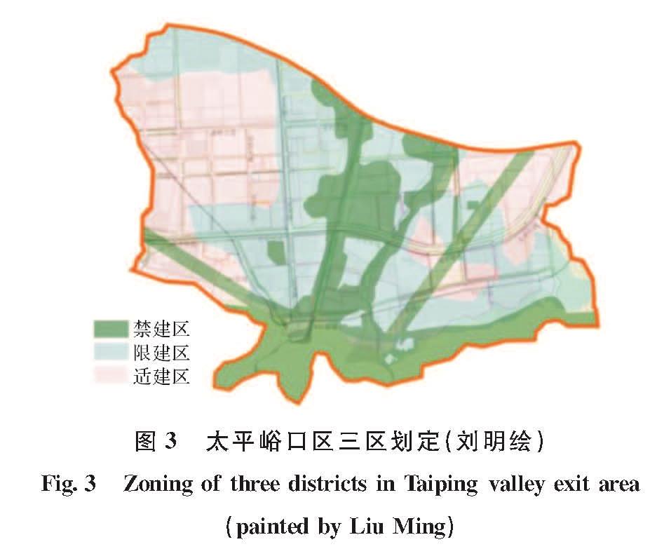 图3 太平峪口区三区划定(刘明绘)<br/>Fig.3 Zoning of three districts in Taiping valley exit area(painted by Liu Ming)